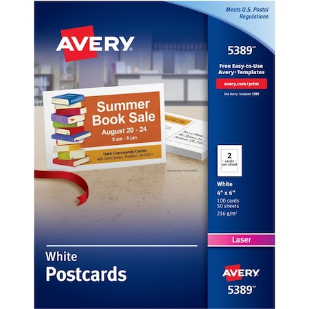 Avery Cards, Post, Laser, 4X6, We, 100PK AVE5389